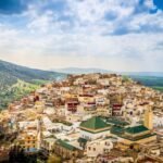 Scenic aerial view of Moulay Driss Zerhoun, the holy town perched on the hills of Morocco.