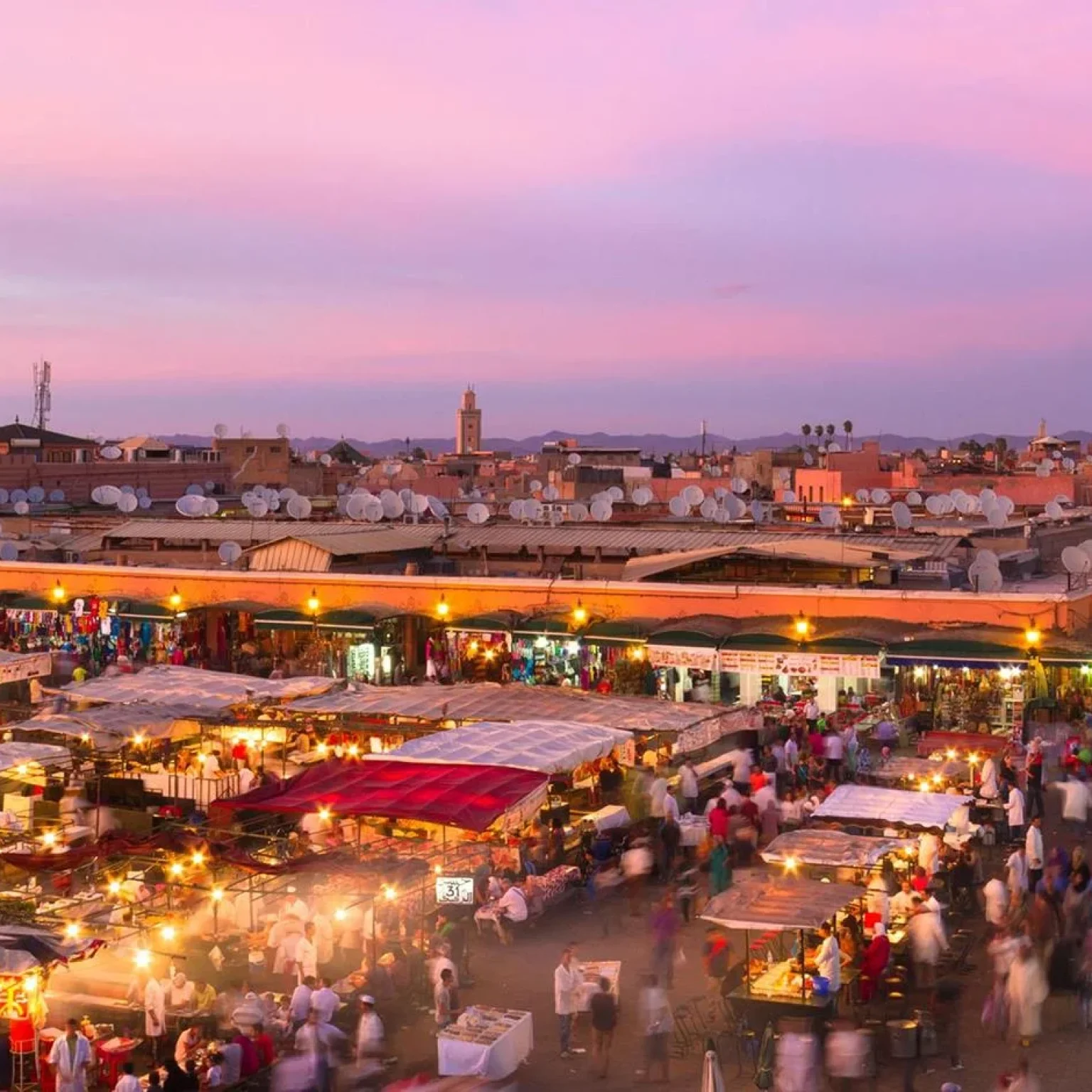 2 day trips from marrakech to merzouga : A panoramic view featuring a caravan of camels trekking towards the golden dunes of the 2 day trips from marrakech to merzouga at sunset, with the majestic Atlas Mountains in the background